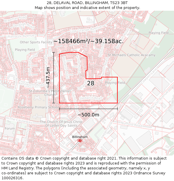 28, DELAVAL ROAD, BILLINGHAM, TS23 3BT: Plot and title map