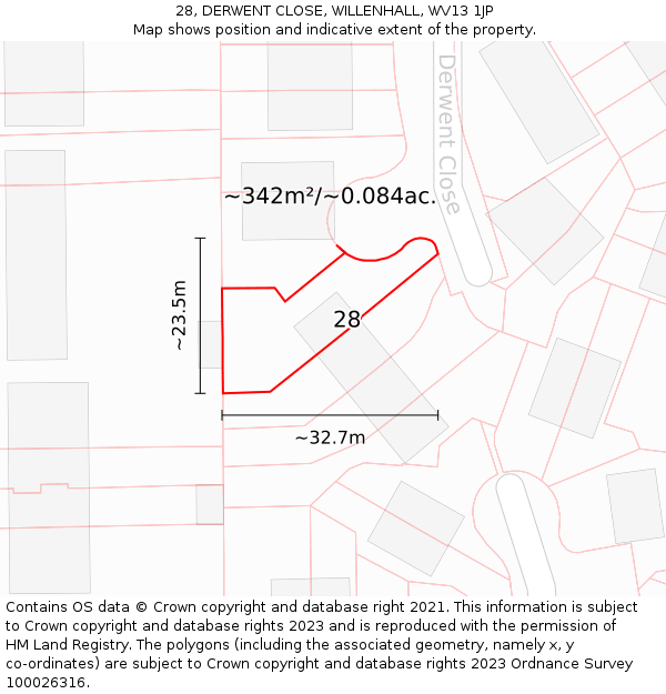 28, DERWENT CLOSE, WILLENHALL, WV13 1JP: Plot and title map