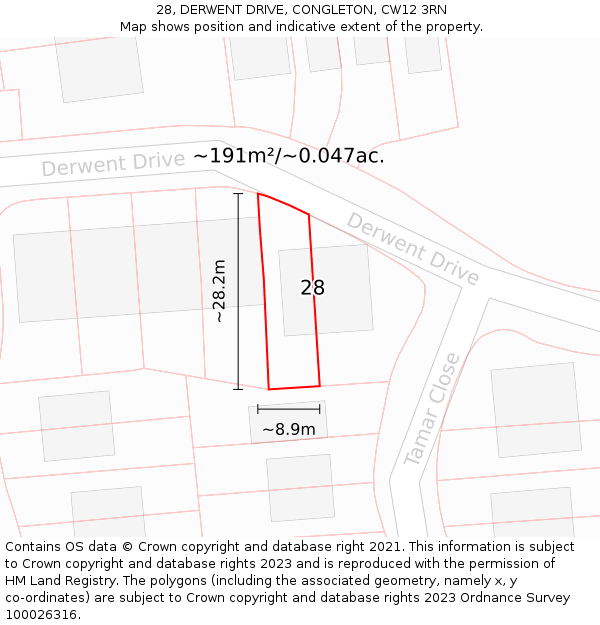 28, DERWENT DRIVE, CONGLETON, CW12 3RN: Plot and title map