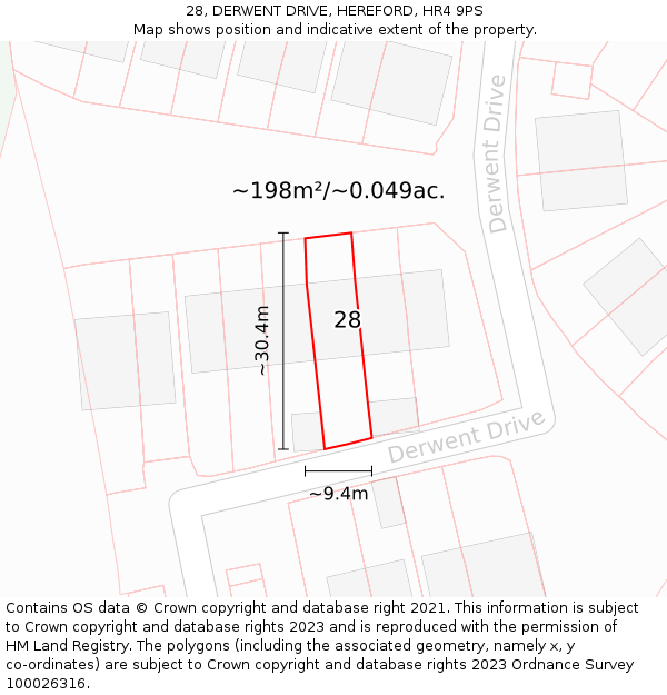 28, DERWENT DRIVE, HEREFORD, HR4 9PS: Plot and title map