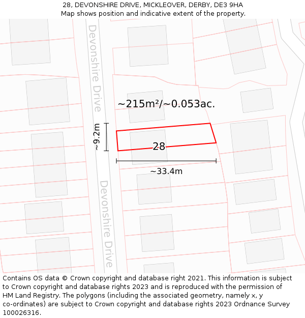 28, DEVONSHIRE DRIVE, MICKLEOVER, DERBY, DE3 9HA: Plot and title map