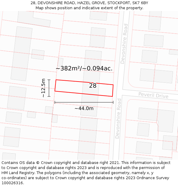 28, DEVONSHIRE ROAD, HAZEL GROVE, STOCKPORT, SK7 6BY: Plot and title map