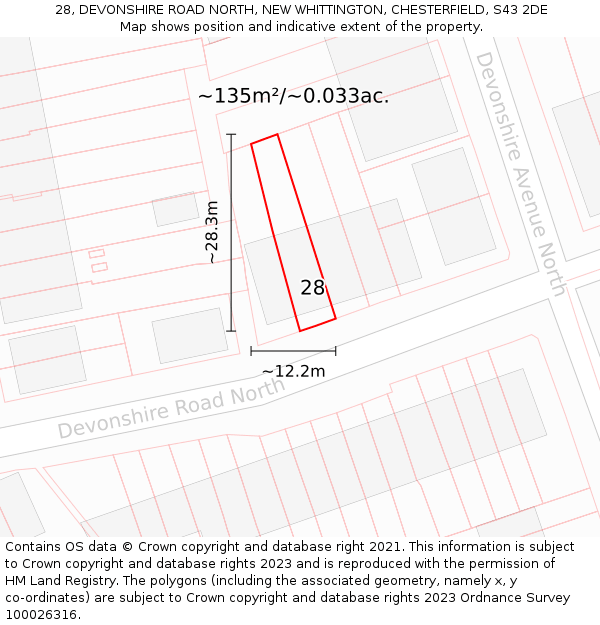 28, DEVONSHIRE ROAD NORTH, NEW WHITTINGTON, CHESTERFIELD, S43 2DE: Plot and title map