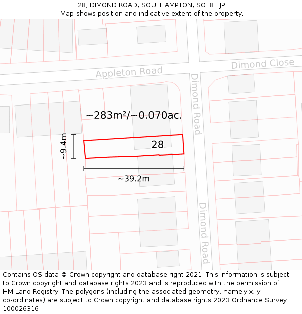 28, DIMOND ROAD, SOUTHAMPTON, SO18 1JP: Plot and title map