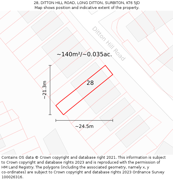 28, DITTON HILL ROAD, LONG DITTON, SURBITON, KT6 5JD: Plot and title map