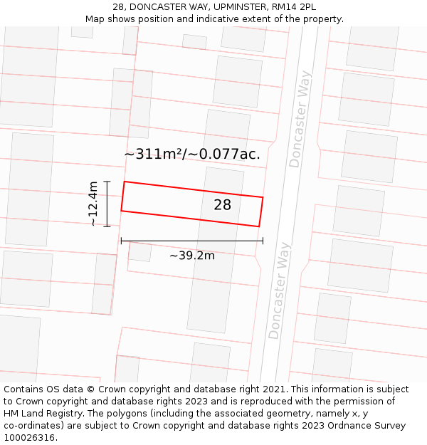 28, DONCASTER WAY, UPMINSTER, RM14 2PL: Plot and title map