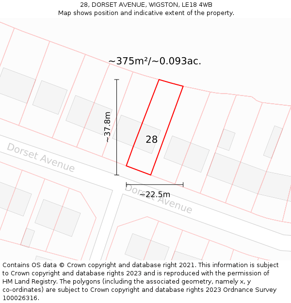 28, DORSET AVENUE, WIGSTON, LE18 4WB: Plot and title map