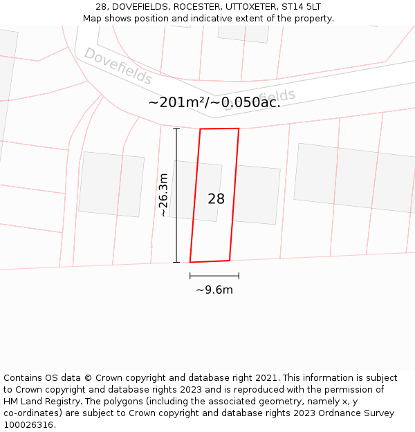 28, DOVEFIELDS, ROCESTER, UTTOXETER, ST14 5LT: Plot and title map