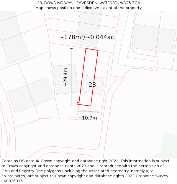 28, DOWDING WAY, LEAVESDEN, WATFORD, WD25 7GA: Plot and title map