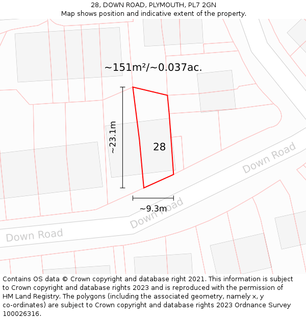 28, DOWN ROAD, PLYMOUTH, PL7 2GN: Plot and title map