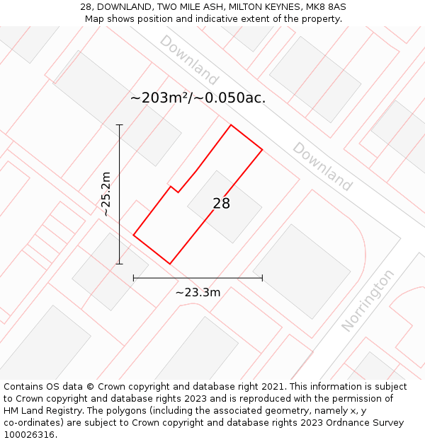 28, DOWNLAND, TWO MILE ASH, MILTON KEYNES, MK8 8AS: Plot and title map