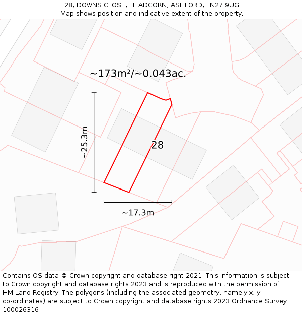 28, DOWNS CLOSE, HEADCORN, ASHFORD, TN27 9UG: Plot and title map