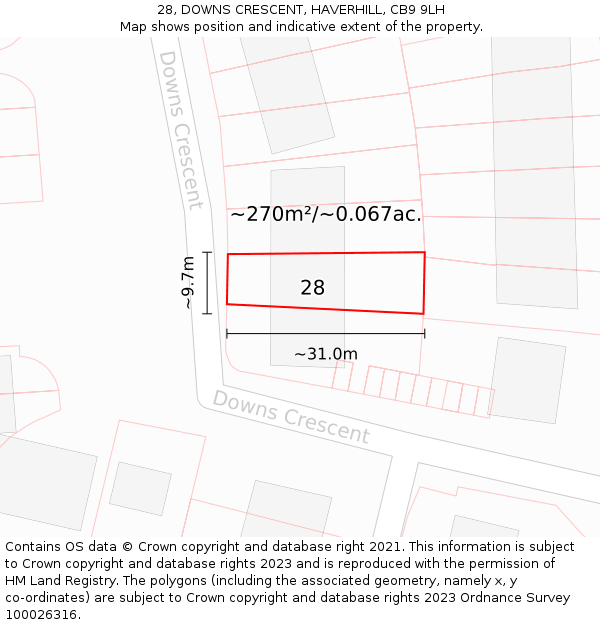 28, DOWNS CRESCENT, HAVERHILL, CB9 9LH: Plot and title map