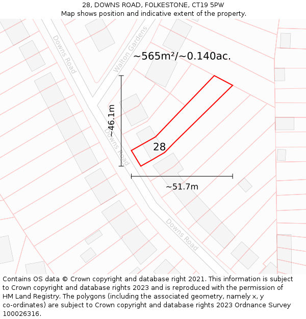 28, DOWNS ROAD, FOLKESTONE, CT19 5PW: Plot and title map