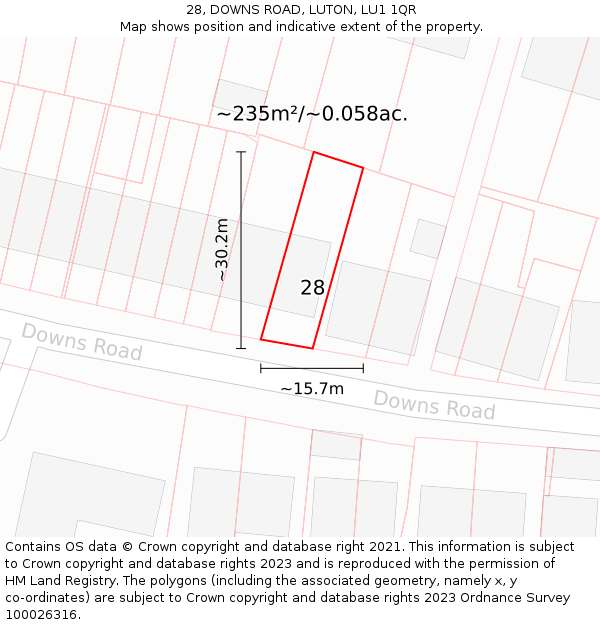 28, DOWNS ROAD, LUTON, LU1 1QR: Plot and title map