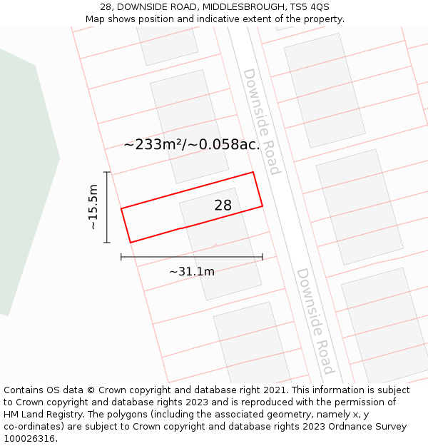 28, DOWNSIDE ROAD, MIDDLESBROUGH, TS5 4QS: Plot and title map