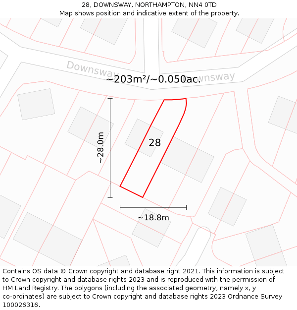 28, DOWNSWAY, NORTHAMPTON, NN4 0TD: Plot and title map