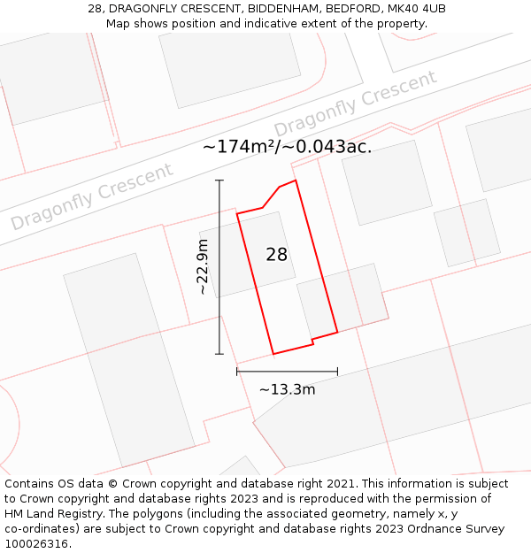 28, DRAGONFLY CRESCENT, BIDDENHAM, BEDFORD, MK40 4UB: Plot and title map