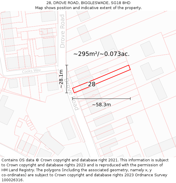 28, DROVE ROAD, BIGGLESWADE, SG18 8HD: Plot and title map