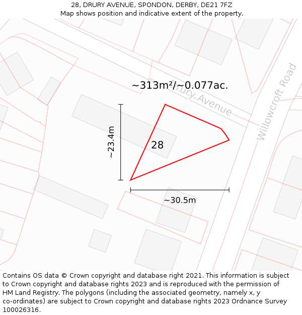 28, DRURY AVENUE, SPONDON, DERBY, DE21 7FZ: Plot and title map