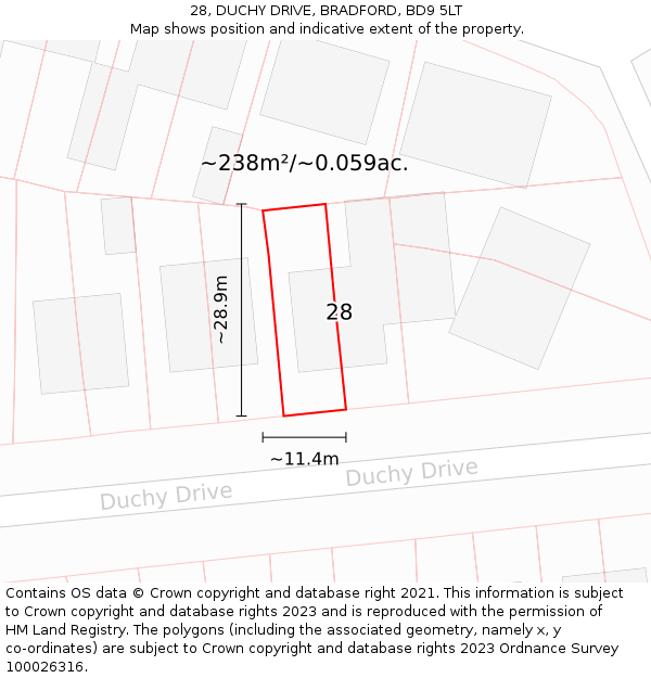 28, DUCHY DRIVE, BRADFORD, BD9 5LT: Plot and title map