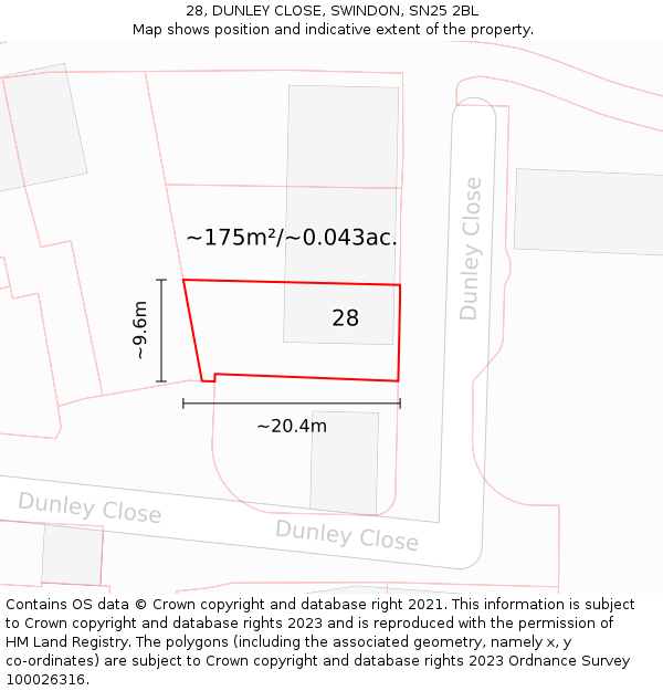 28, DUNLEY CLOSE, SWINDON, SN25 2BL: Plot and title map