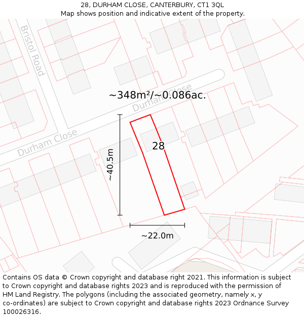 28, DURHAM CLOSE, CANTERBURY, CT1 3QL: Plot and title map