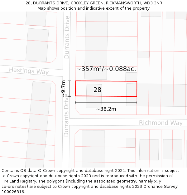 28, DURRANTS DRIVE, CROXLEY GREEN, RICKMANSWORTH, WD3 3NR: Plot and title map