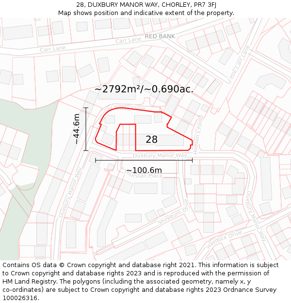 28, DUXBURY MANOR WAY, CHORLEY, PR7 3FJ: Plot and title map
