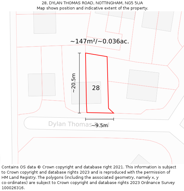 28, DYLAN THOMAS ROAD, NOTTINGHAM, NG5 5UA: Plot and title map
