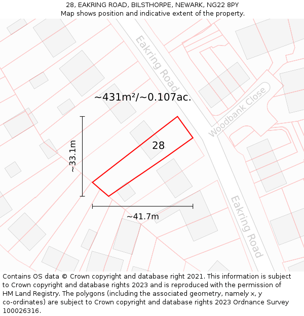 28, EAKRING ROAD, BILSTHORPE, NEWARK, NG22 8PY: Plot and title map