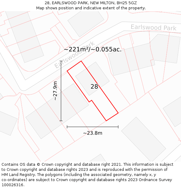 28, EARLSWOOD PARK, NEW MILTON, BH25 5GZ: Plot and title map
