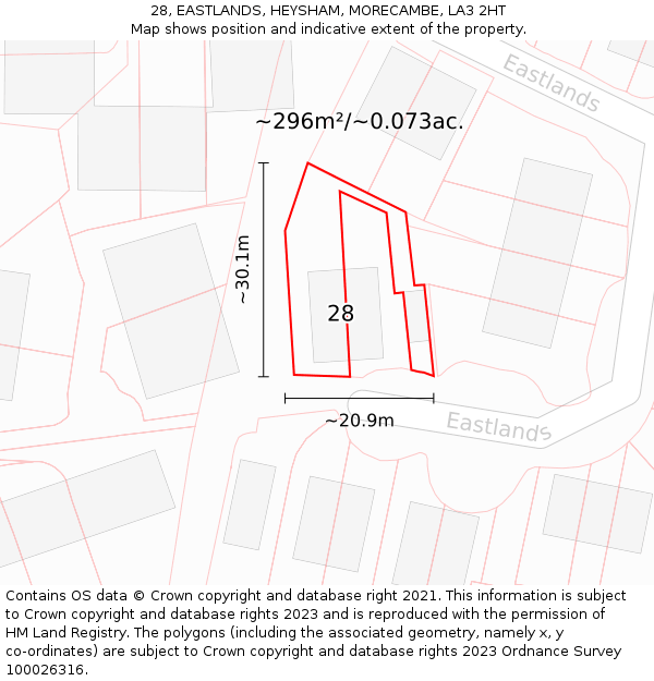 28, EASTLANDS, HEYSHAM, MORECAMBE, LA3 2HT: Plot and title map