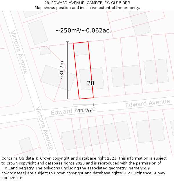 28, EDWARD AVENUE, CAMBERLEY, GU15 3BB: Plot and title map