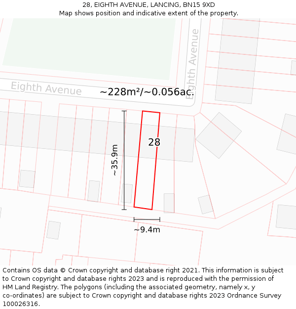 28, EIGHTH AVENUE, LANCING, BN15 9XD: Plot and title map