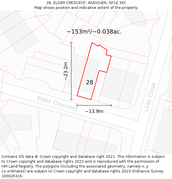 28, ELDER CRESCENT, ANDOVER, SP10 3XY: Plot and title map