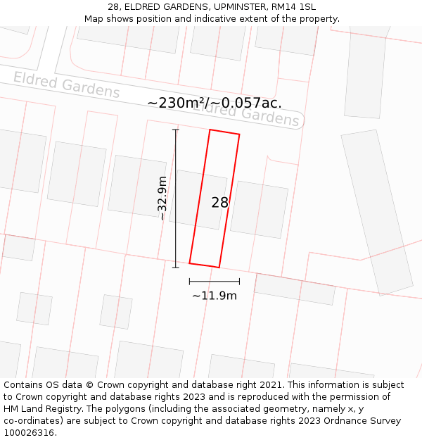28, ELDRED GARDENS, UPMINSTER, RM14 1SL: Plot and title map