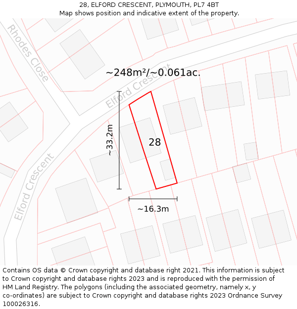 28, ELFORD CRESCENT, PLYMOUTH, PL7 4BT: Plot and title map