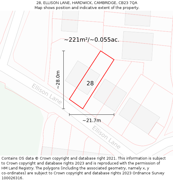 28, ELLISON LANE, HARDWICK, CAMBRIDGE, CB23 7QA: Plot and title map