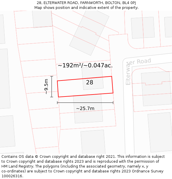 28, ELTERWATER ROAD, FARNWORTH, BOLTON, BL4 0PJ: Plot and title map