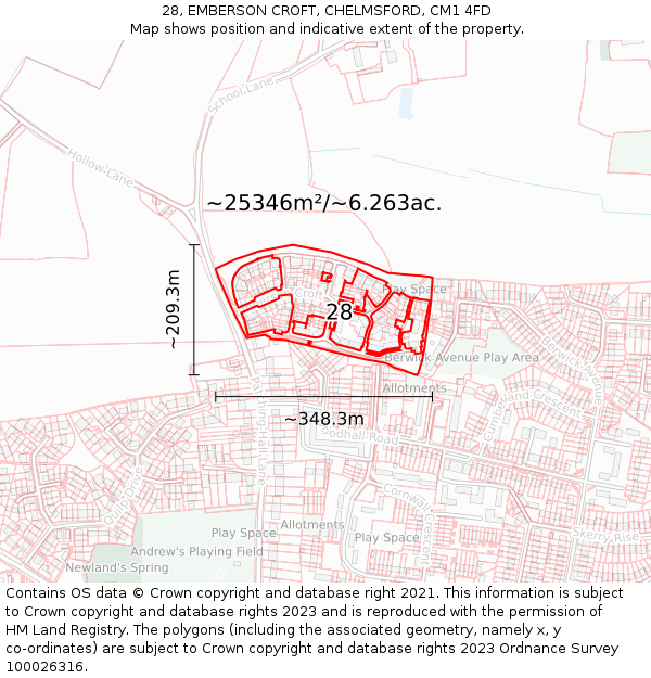 28, EMBERSON CROFT, CHELMSFORD, CM1 4FD: Plot and title map