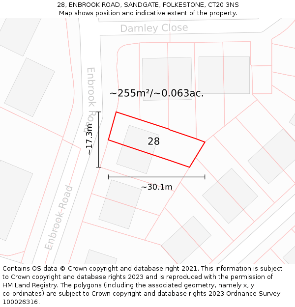 28, ENBROOK ROAD, SANDGATE, FOLKESTONE, CT20 3NS: Plot and title map