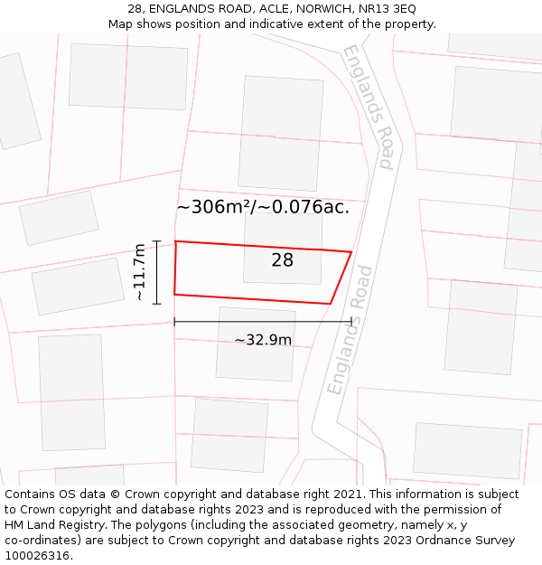28, ENGLANDS ROAD, ACLE, NORWICH, NR13 3EQ: Plot and title map