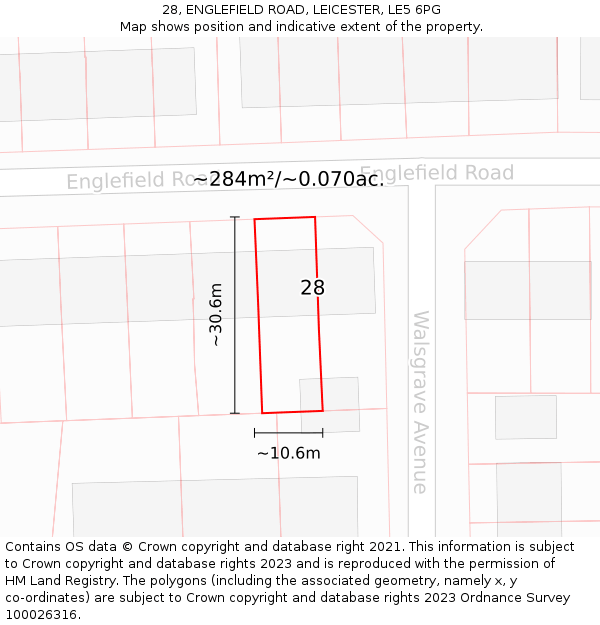 28, ENGLEFIELD ROAD, LEICESTER, LE5 6PG: Plot and title map