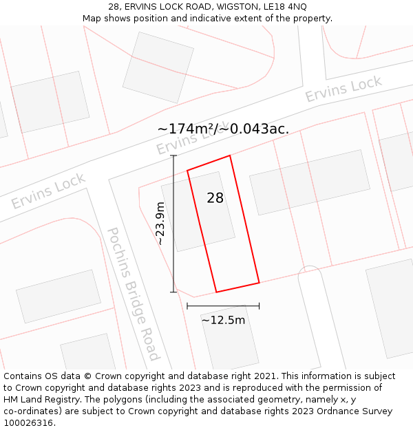 28, ERVINS LOCK ROAD, WIGSTON, LE18 4NQ: Plot and title map