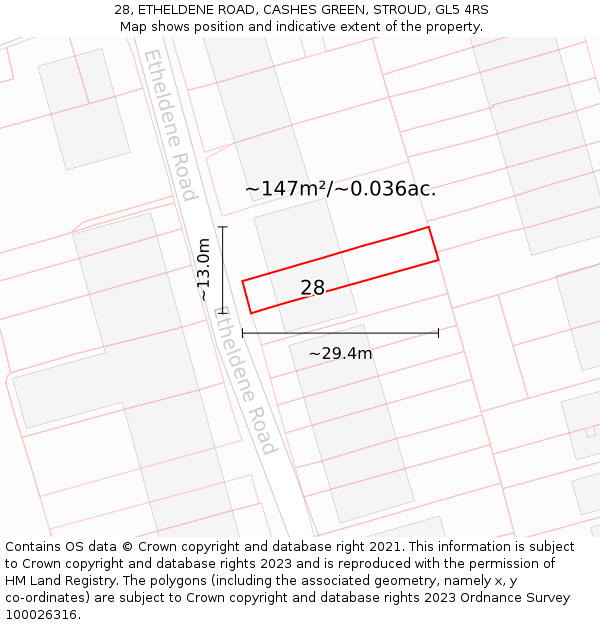 28, ETHELDENE ROAD, CASHES GREEN, STROUD, GL5 4RS: Plot and title map
