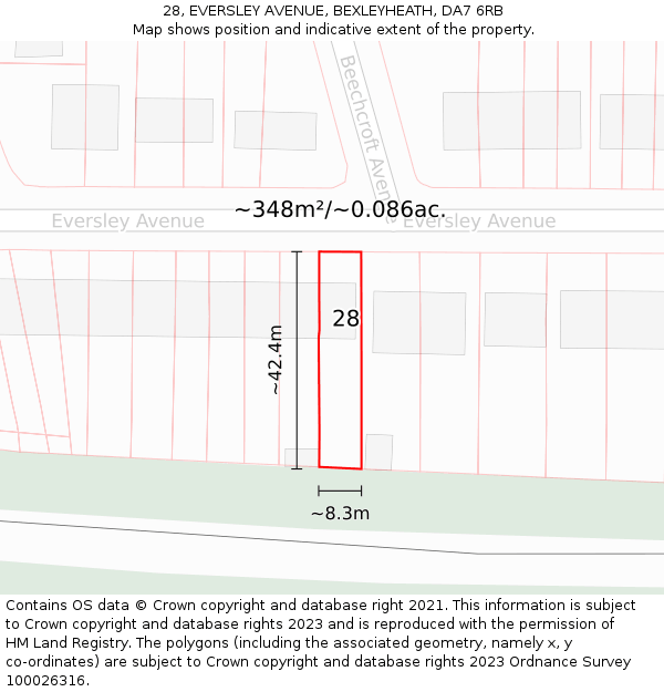 28, EVERSLEY AVENUE, BEXLEYHEATH, DA7 6RB: Plot and title map
