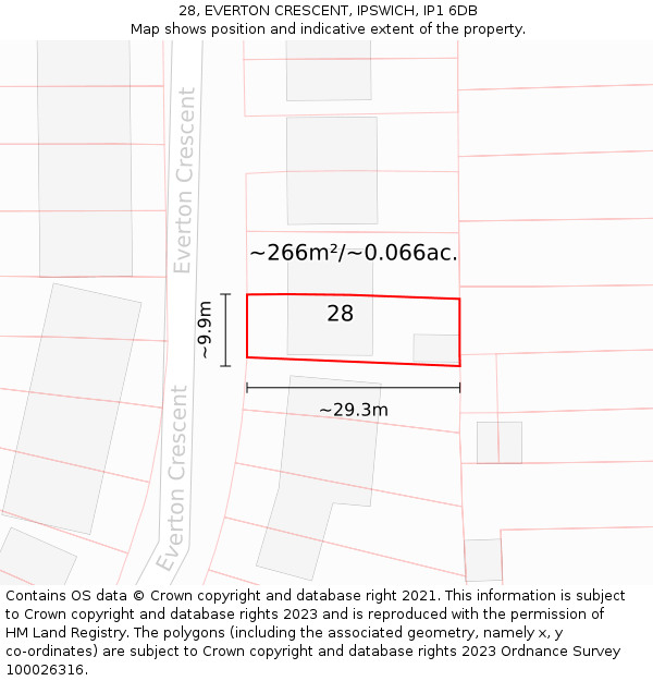 28, EVERTON CRESCENT, IPSWICH, IP1 6DB: Plot and title map