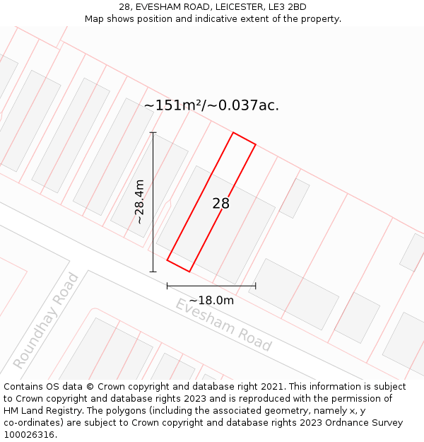 28, EVESHAM ROAD, LEICESTER, LE3 2BD: Plot and title map