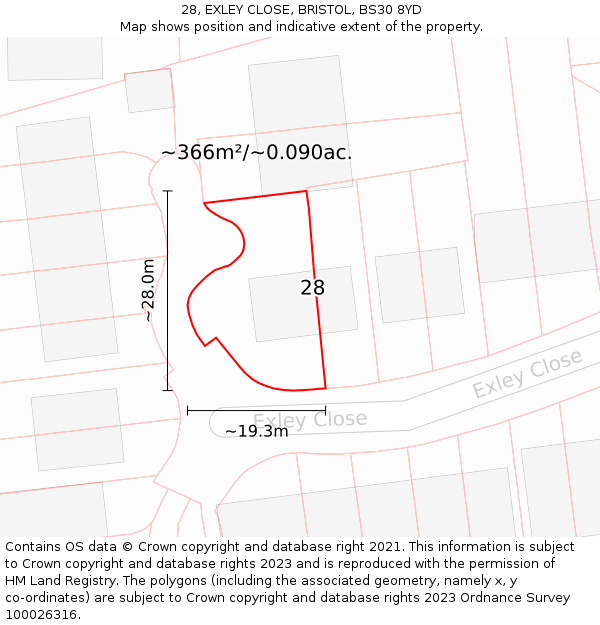 28, EXLEY CLOSE, BRISTOL, BS30 8YD: Plot and title map